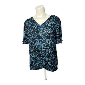 Roz & Ali Floral Black and Blue Women's Top Ruffle Sleeve Sz‎ Large
